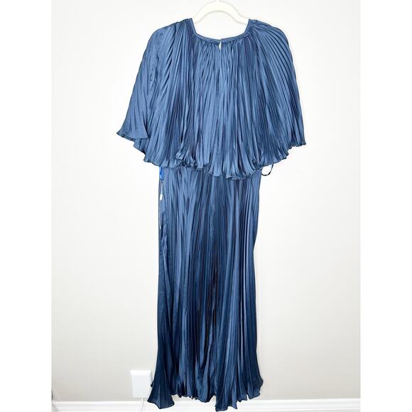 Mac Duggal 49638 Dark Blue Pleated Caplet Tea Length Dress $498 - Picture 3 of 9
